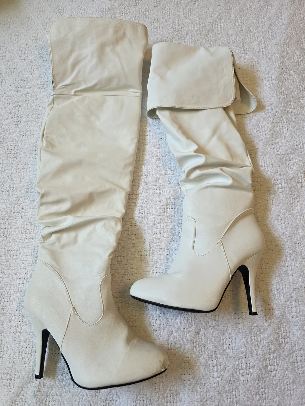 Forever 21 Cream Over-the-Knee Stiletto Fold-Over Boots